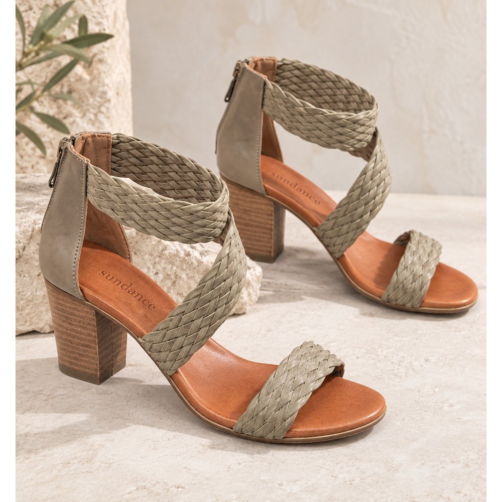 Sundance Bonaire Italian Leather Woven Ankle Strap Block Heel Sandals- 9.5